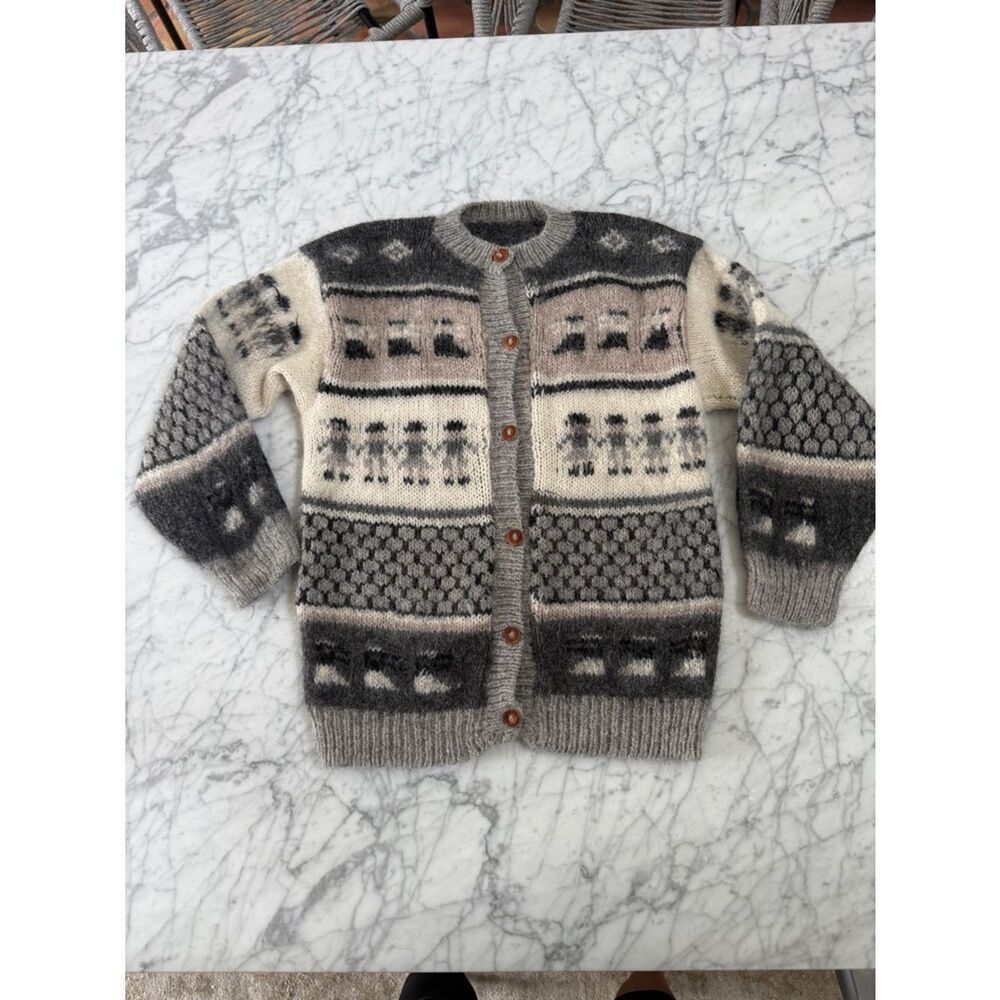 Cozy Wool Knit Neutral Patterned Cardigan Sweater Fisherman Gray Cream Women’s S